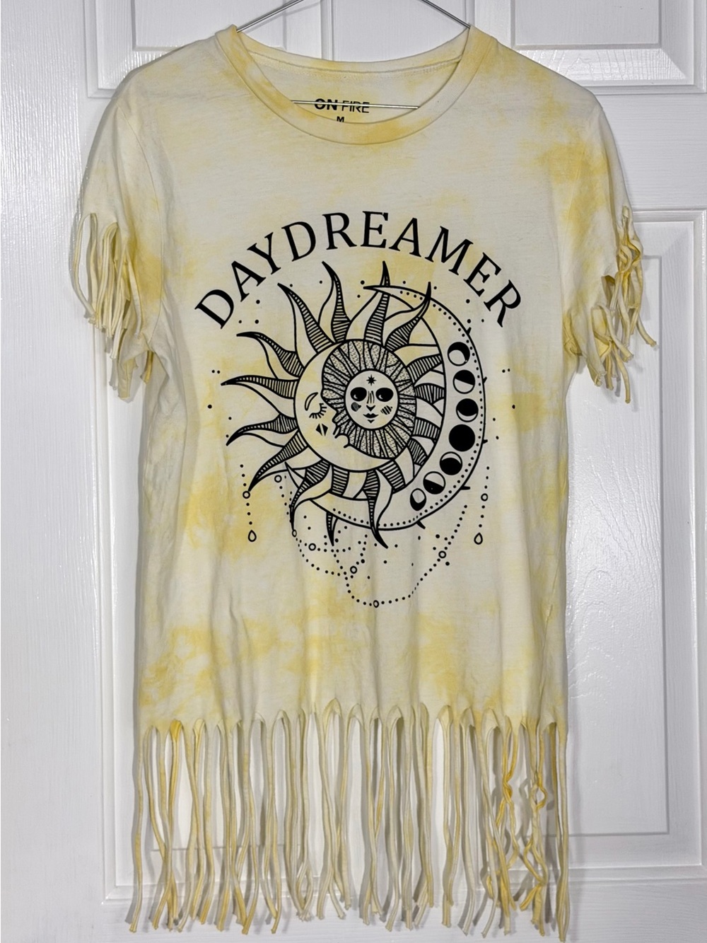 On Fire Yellow Tie-Dye "Daydreamer" Fringe T-Shirt Sun and Moon Graphic Size M